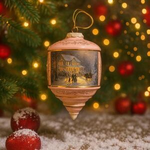 Thomas Kinkade Christmas Ornament Pink Gold Finial Winter Mansion Scene Vintage